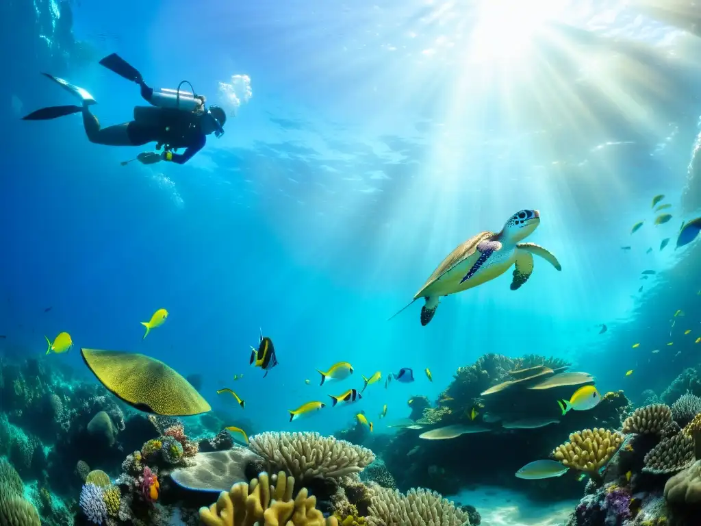 Vibrante ecosistema marino con peces coloridos, corales y una tortuga