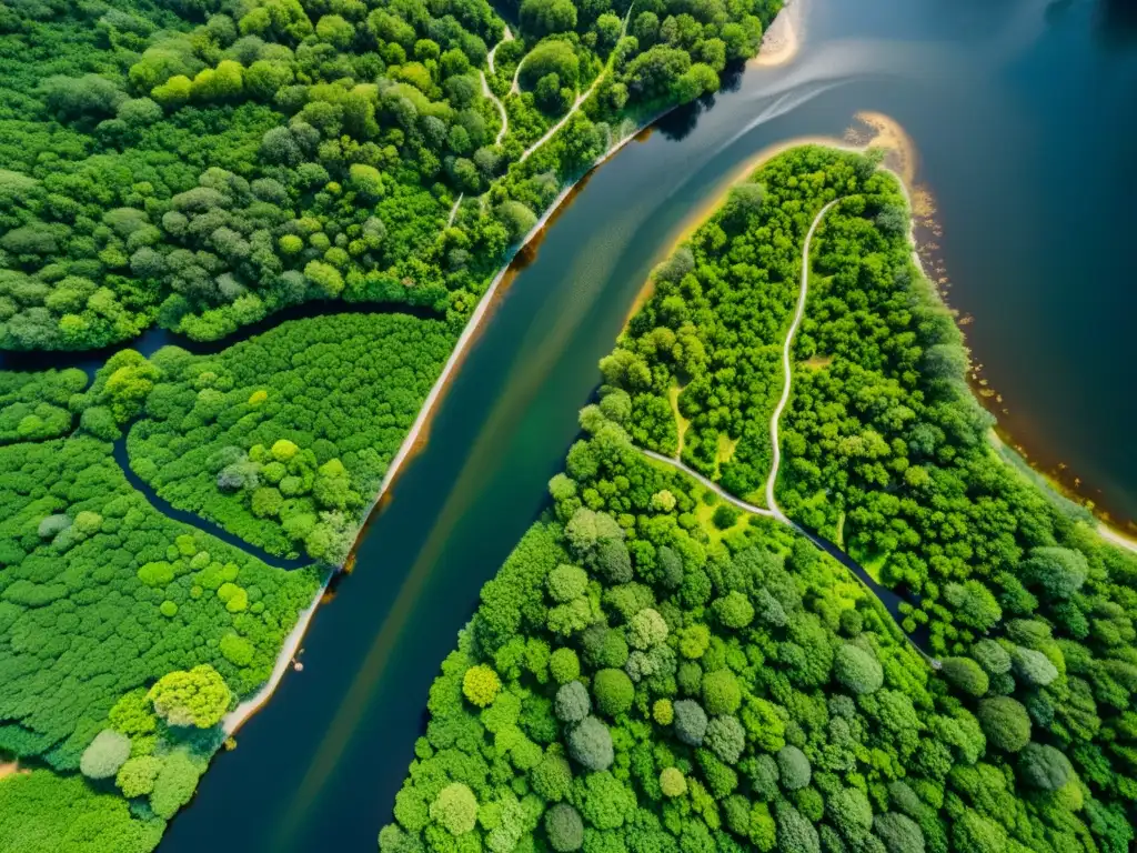 Vibrante ecosistema natural restaurado con diversa vegetación y ríos serpenteantes, mostrando un monitoreo eficiente de ecosistemas naturales