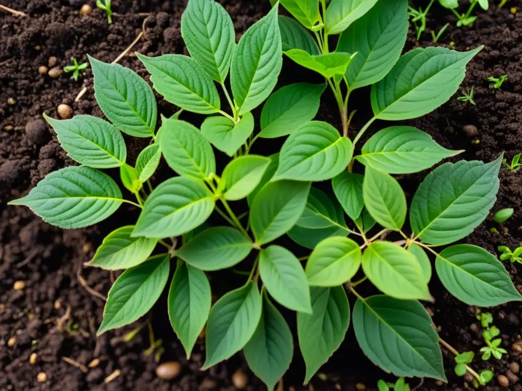 Un vibrante ecosistema de plantas verdes en suelo fértil, con raíces intrincadas