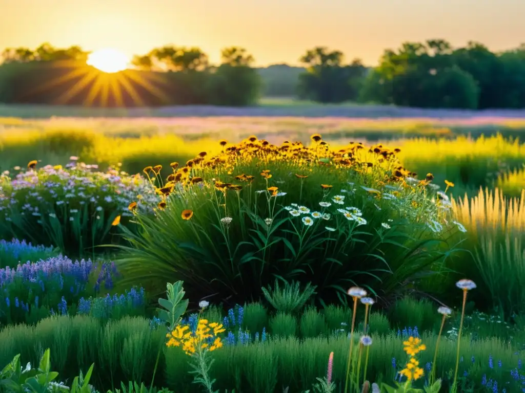 Vibrante ecosistema de pradera con especies nativas en plena floración, resaltando la importancia de las especies nativas en praderas