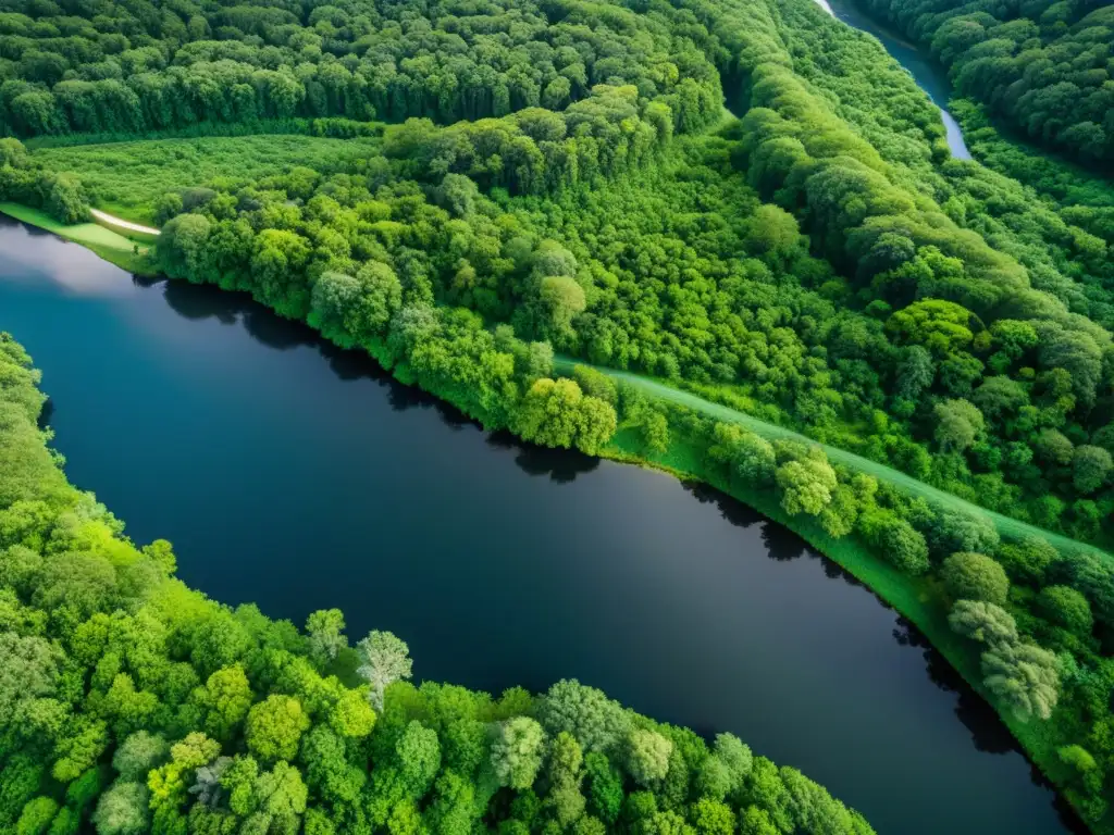 Un vibrante ecosistema con río serpenteante, densa vegetación y vida silvestre diversa