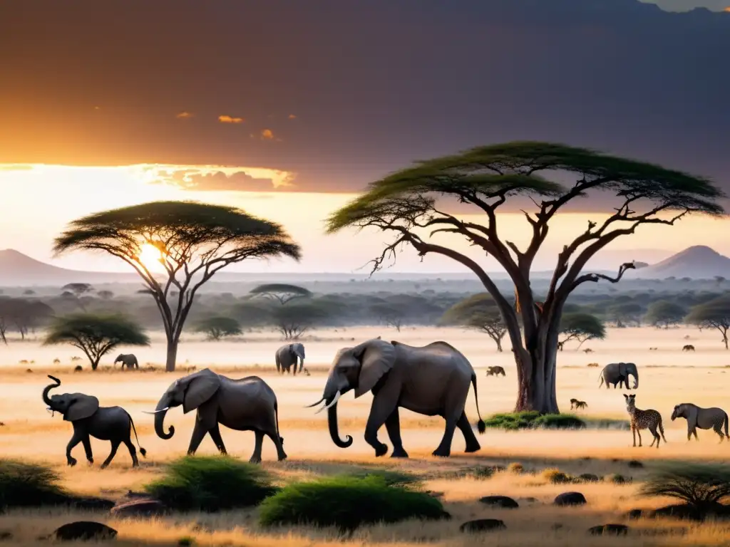 Vibrante ecosistema de la sabana al atardecer, con sonidos animales y diversa fauna en su hábitat natural