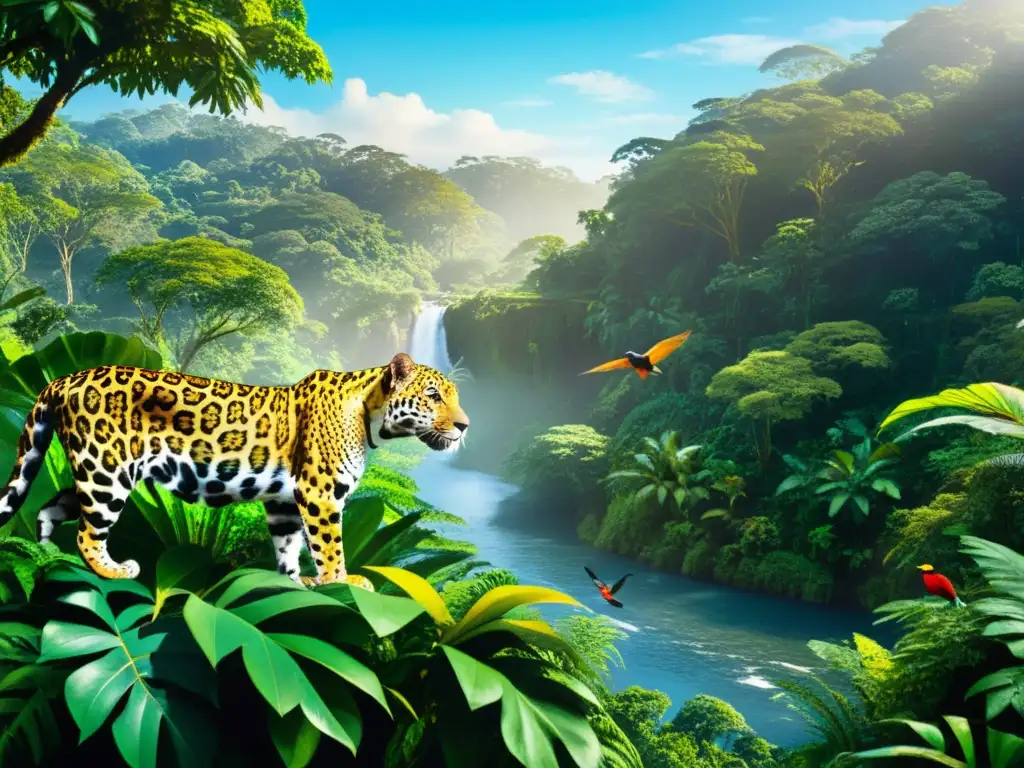 Ecosistema vibrante de la selva: jaguar, aves y río Vibrante ecosistema de selva tropical ilustra la Importancia de la economía circular en la naturaleza