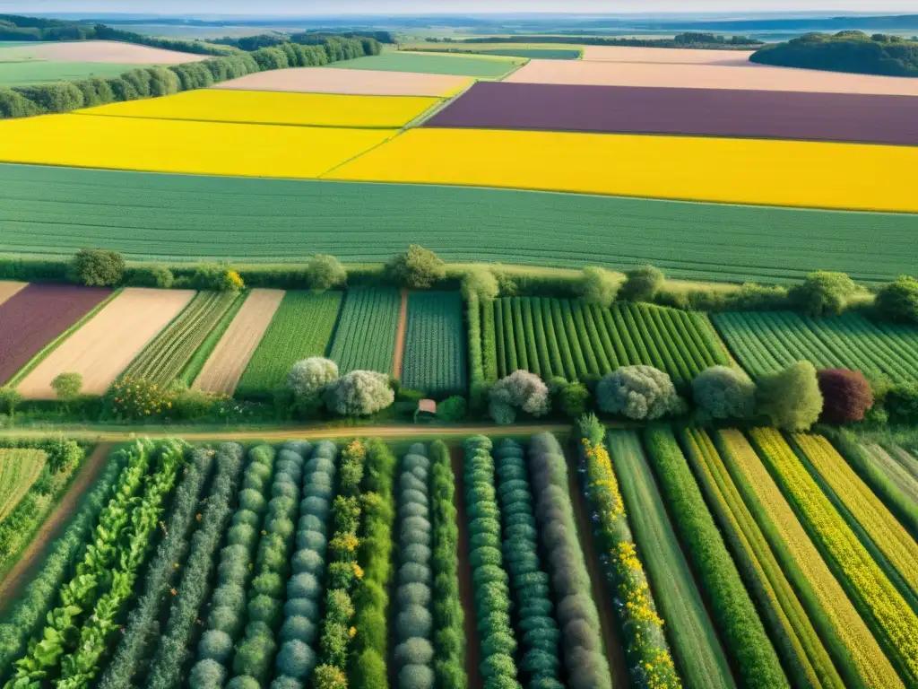 Vibrante ecosistema agrícola sostenible con diversidad de cultivos, nativos y polinizadores