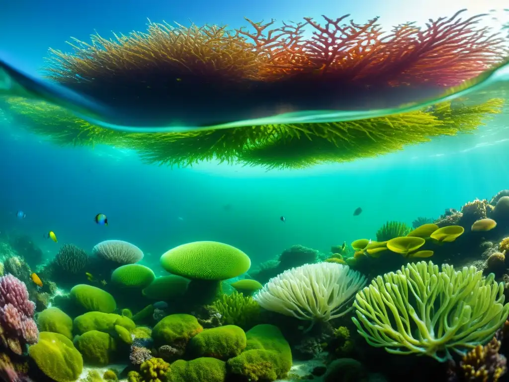 Vibrante ecosistema submarino con algas coloridas y vida marina, demostrando el impacto de las algas en ecosistemas marinos