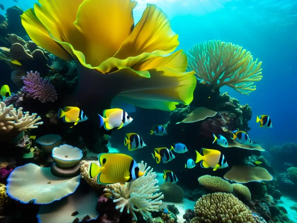 Un vibrante ecosistema submarino en un arrecife de coral, con una diversidad de peces tropicales y hermosos colores