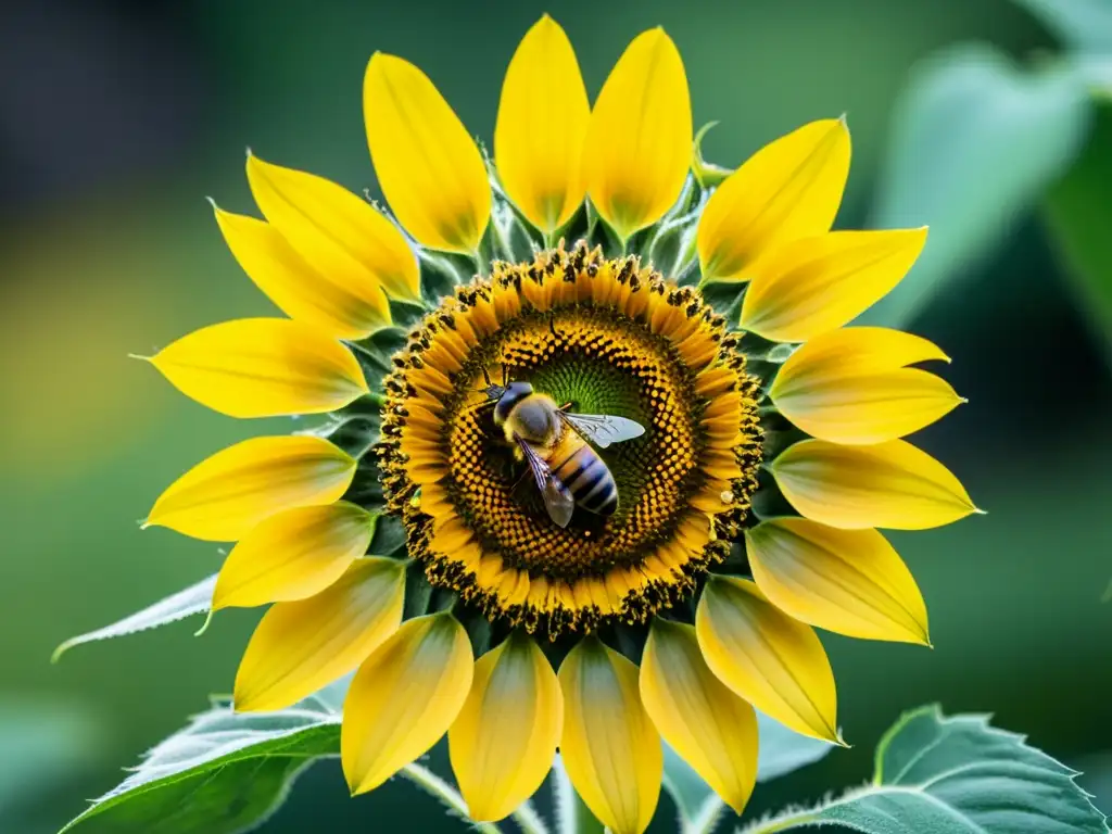 Vibrante escena de una abeja cubierta de polen sobre un girasol, resaltando la importancia conservación polinizadores agricultura