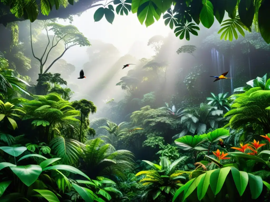 Vibrante escena de un bosque tropical, muestra la interacción entre plantas y animales en su hábitat natural