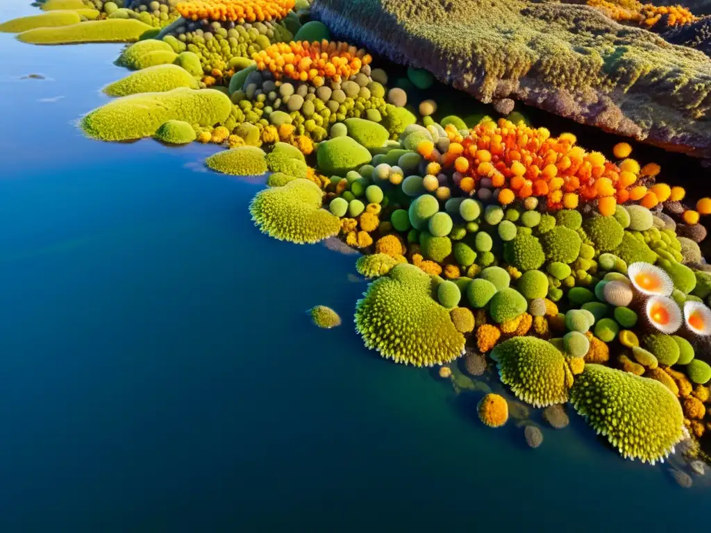 Vida marina en la zona intermareal: una vista cautivadora Una vibrante escena de vida en zonas intermareales, con anémonas, percebes, mejillones y algas en un impresionante paisaje de texturas y colores