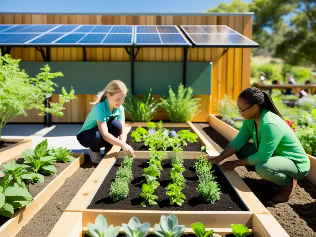 Vibrante jardín escolar sostenible con estudiantes y maestros