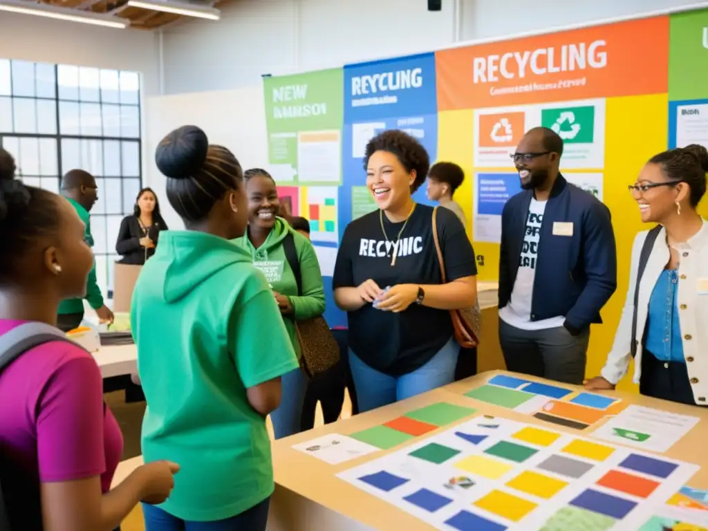 Vibrante espacio de educación y reciclaje con taller interactivo, estudiantes y comunidad promoviendo campañas innovadoras de reutilización