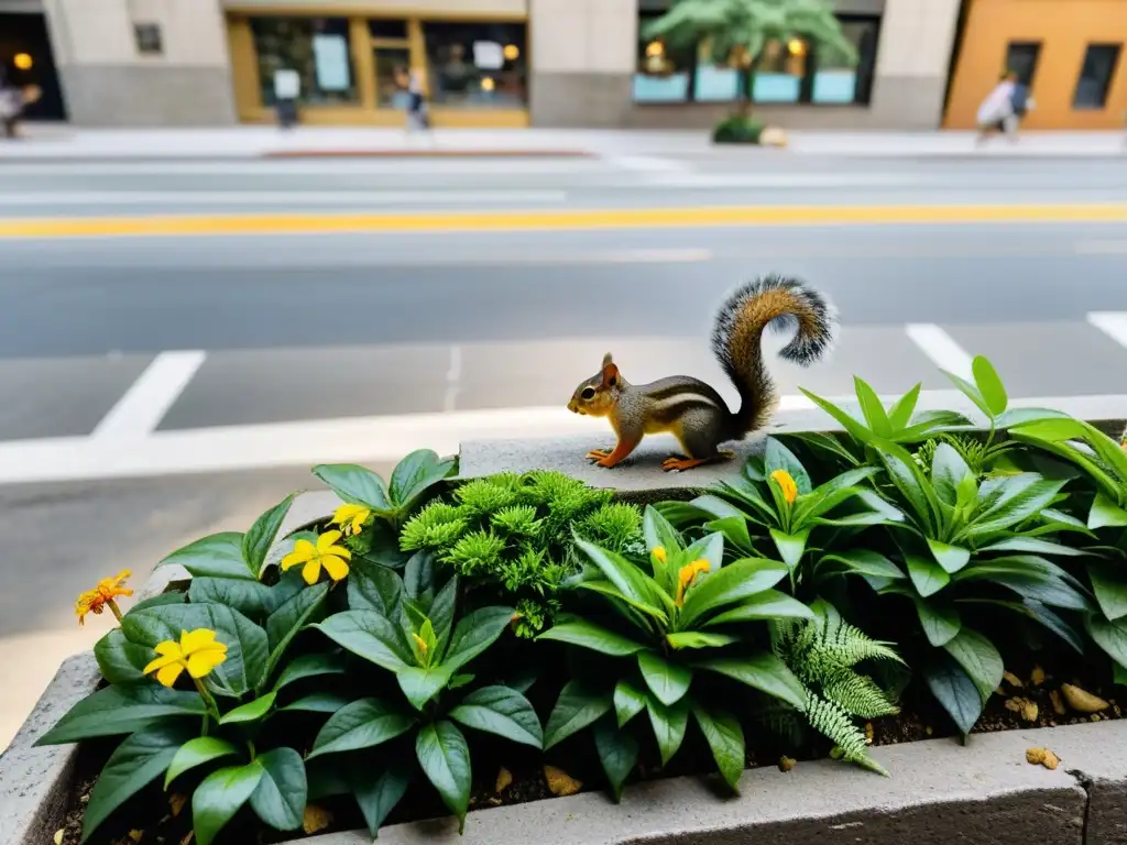 Vibrante esquina de ciudad con biodiversidad en ecosistemas urbanos, flora y fauna coexistiendo