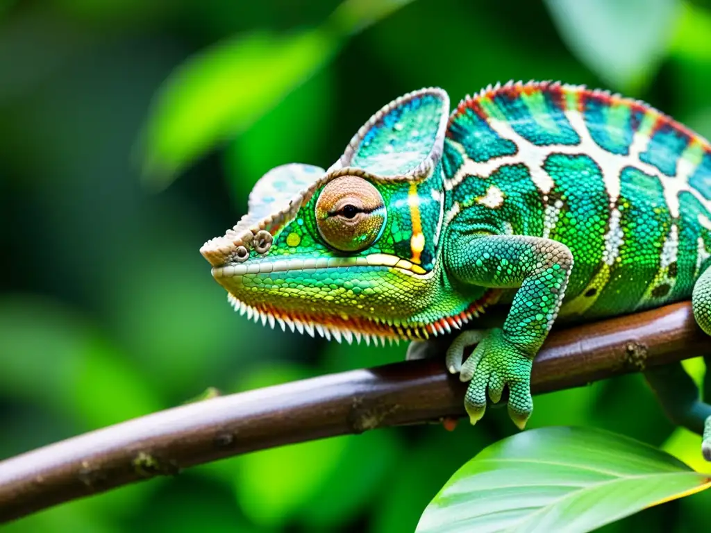 Un camaleón vibrante se funde en la exuberante vegetación de la selva tropical en las Islas de la Reunión