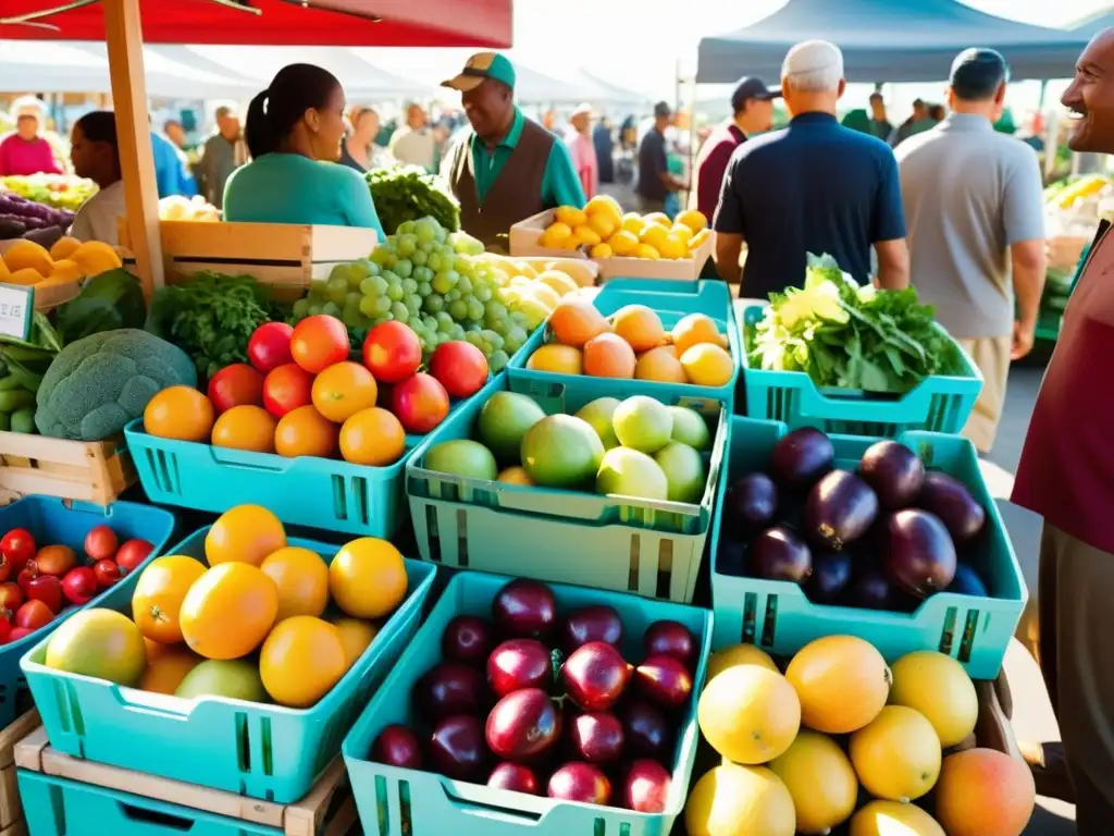 Una vibrante feria de agricultores con frutas y verduras frescas, luz solar cálida y gente diversa conversando