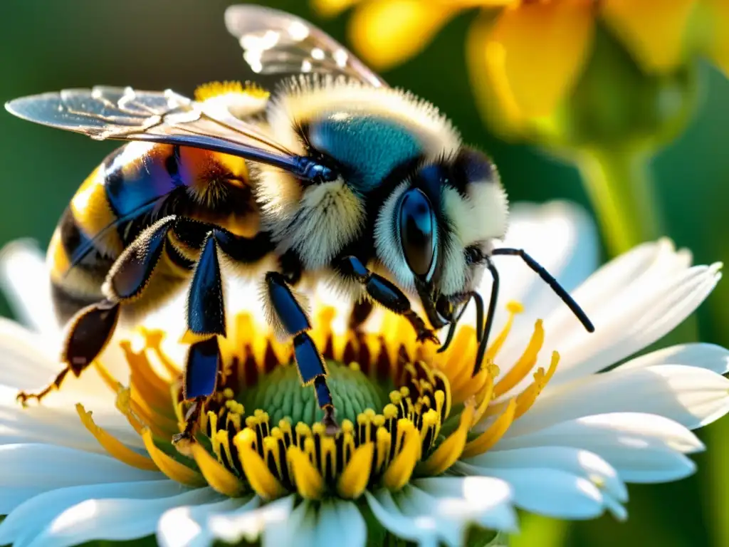 Vibrante flor siendo polinizada por abejorro, con detalles de pétalos, polen y energía dinámica