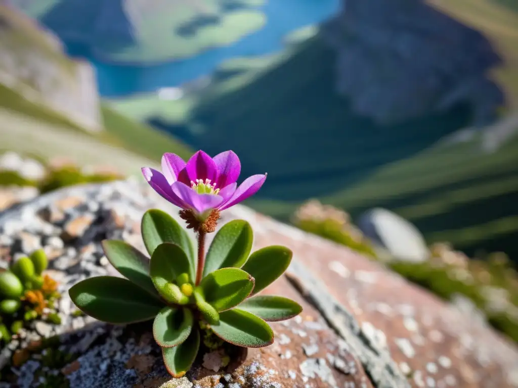 Vibrante flor de saxifraga morada en un acantilado alpino ventoso