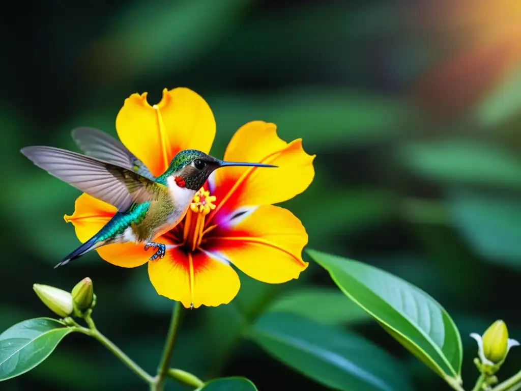 Vibrante flor tropical con polinizadores especializados en la selva, en una escena cautivadora de la naturaleza