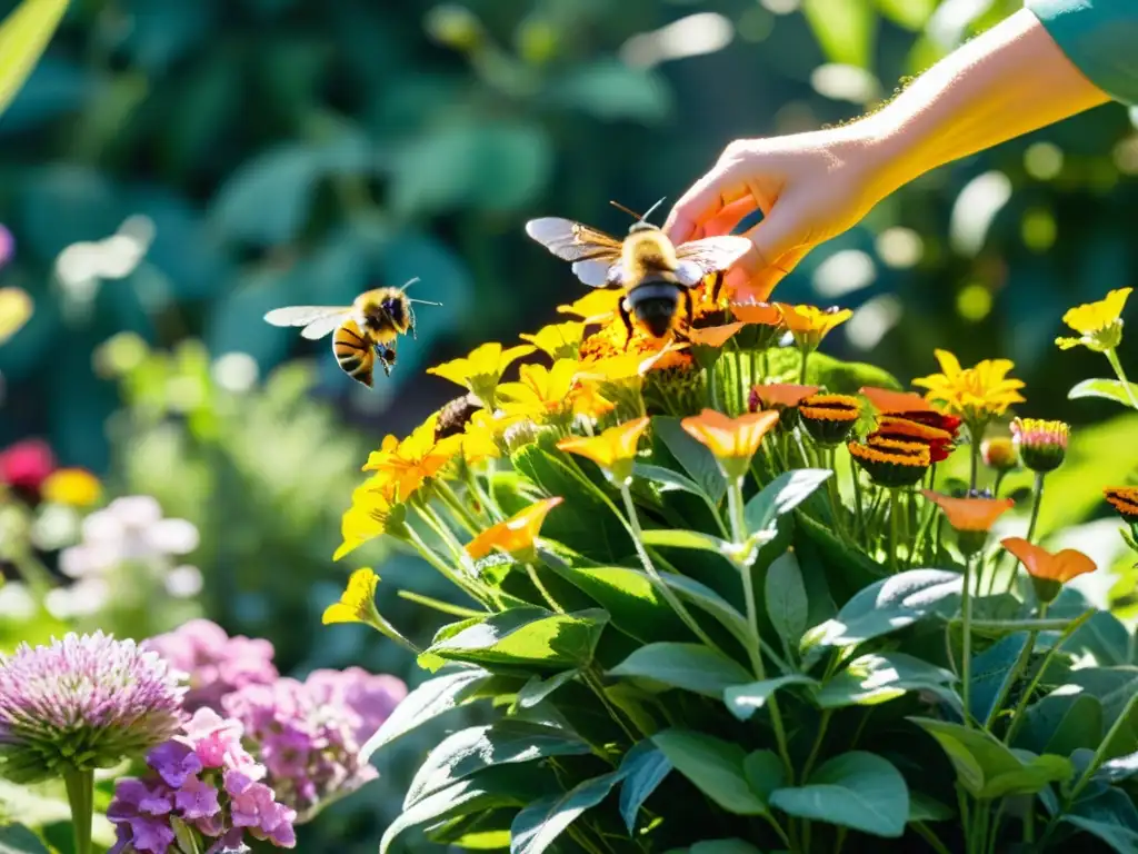 Un jardín vibrante con flores coloridas, abejas y mariposas revoloteando