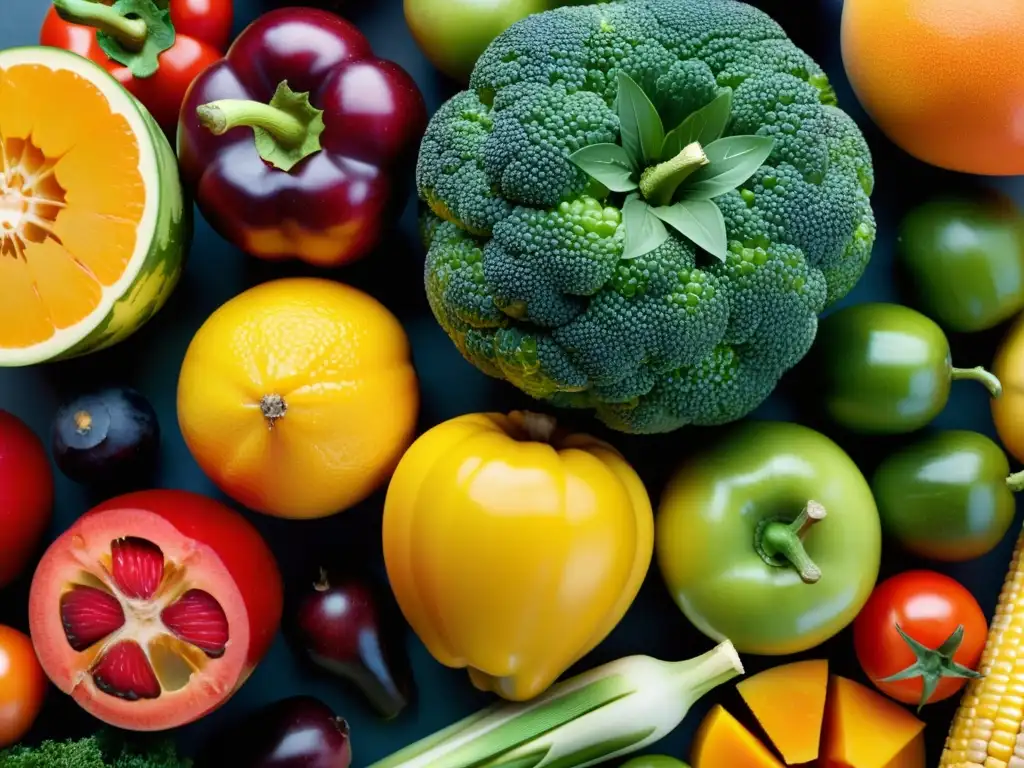 Vibrante exhibición de frutas y verduras orgánicas, resaltando su frescura y vitalidad