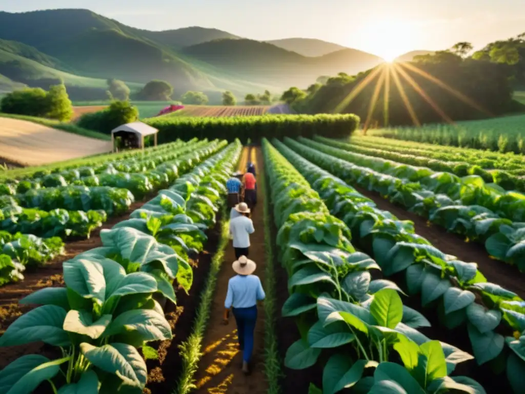 Vibrante granja orgánica con agricultores, iluminada por el sol, fomentando la dieta orgánica, sostenibilidad y cuidado del planeta