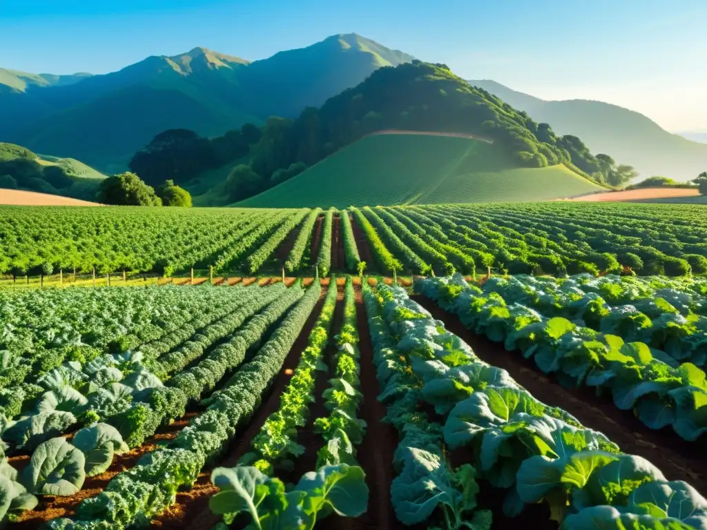 Vibrante granja orgánica de superalimentos con cultivos de kale, espinacas y más