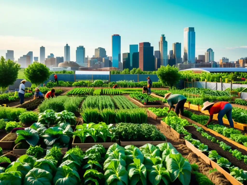 Una vibrante granja urbana orgánica con cultivos exuberantes y agricultores apasionados, creando armonía entre la naturaleza y la ciudad