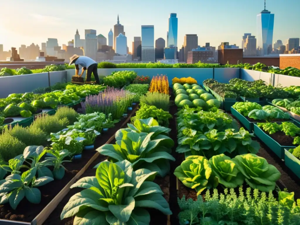 Vibrante granja urbana orgánica con vegetales y hierbas, cuidada por trabajadores, con la ciudad de fondo