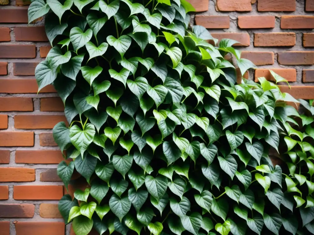 Vibrante hiedra verde trepando por muro de ladrillo rojo, creando jardín vertical