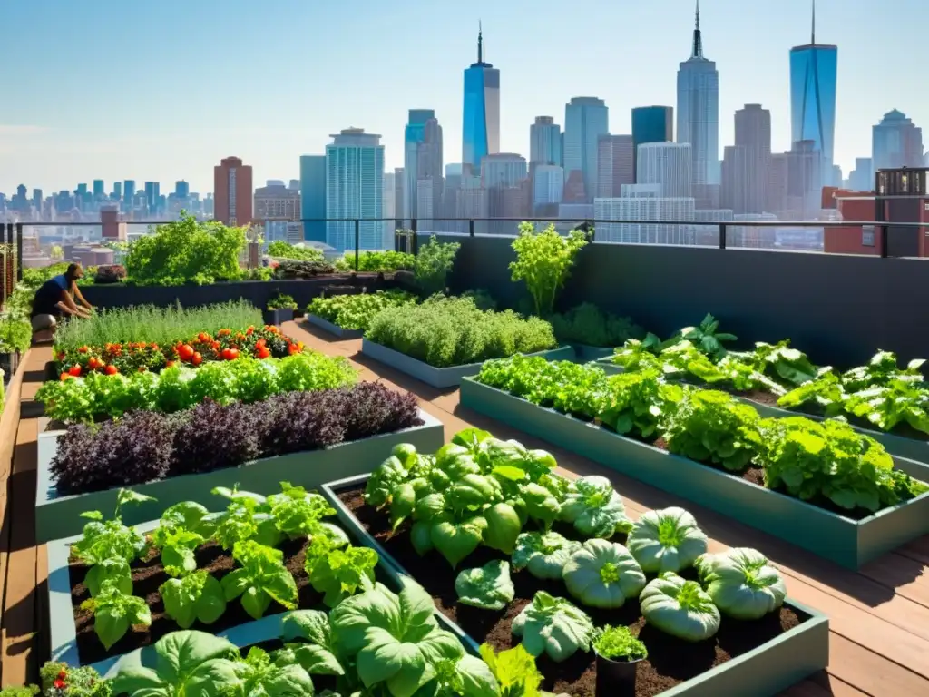 Una vibrante huerta urbana llena de verduras, con una comunidad diversa cuidándola