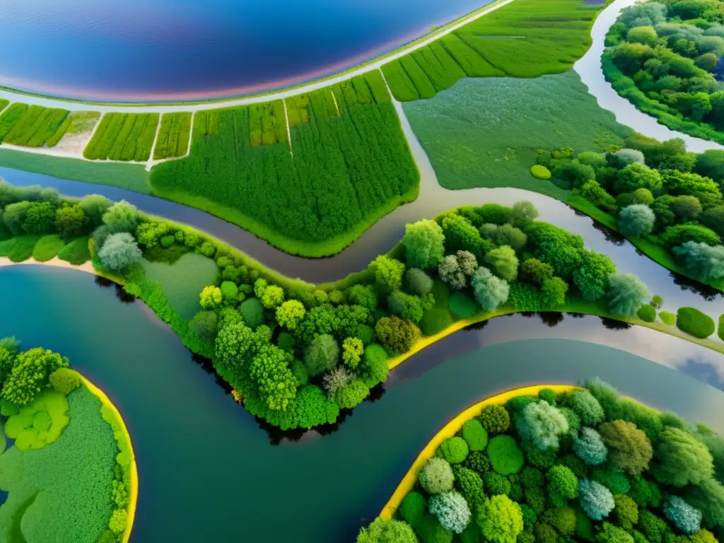 Vibrante humedal urbano, destaca la importancia de humedales urbanos en ecosistema, con aves, vegetación colorida y flujo de agua