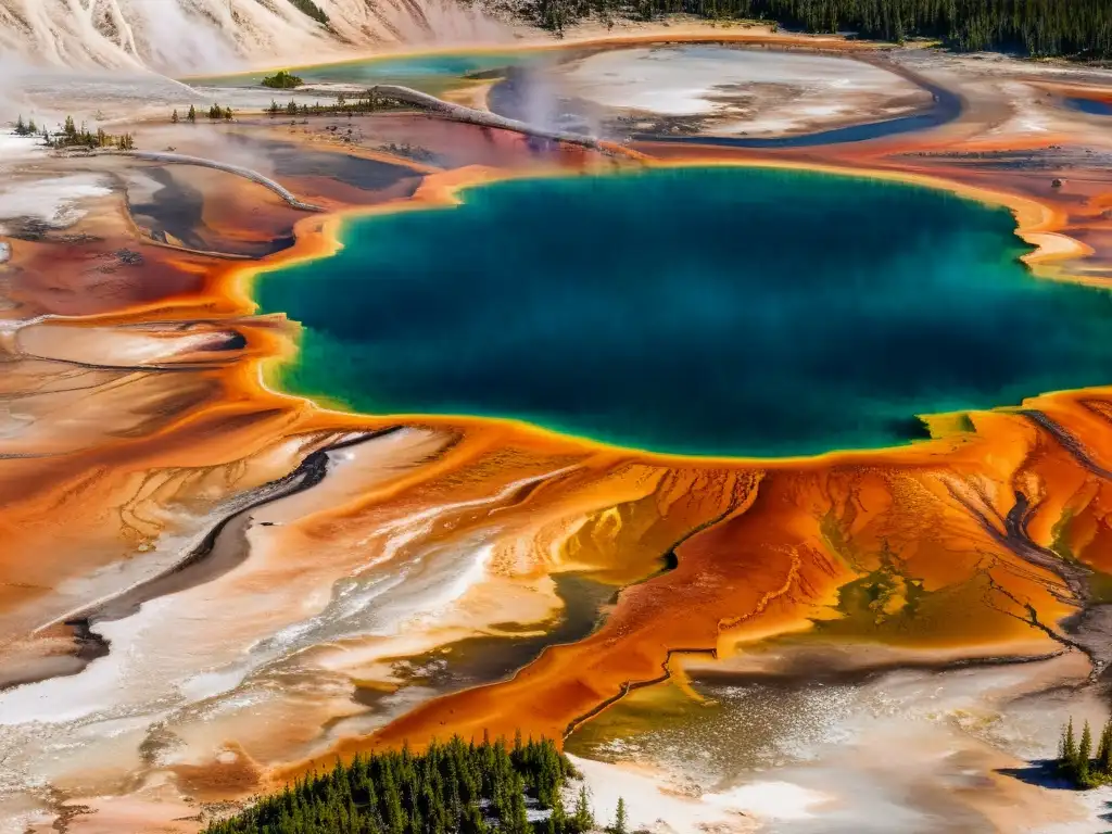 Vibrante imagen del Gran Prismatic Spring en Yellowstone, destacando sus colores y patrones únicos