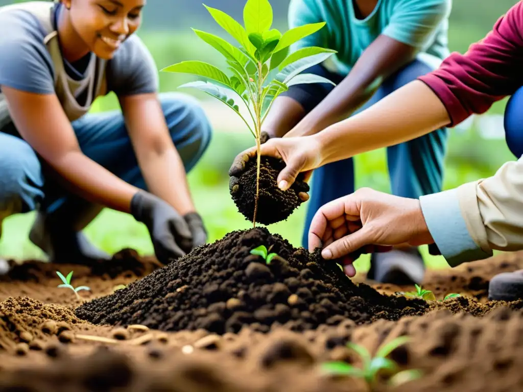 Vibrante imagen de recuperación de ecosistemas participativa, con diversidad de personas plantando árboles nativos y restaurando la tierra de forma colaborativa