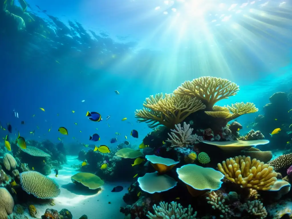Una vibrante imagen submarina muestra un arrecife de coral diverso, peces coloridos y vida marina