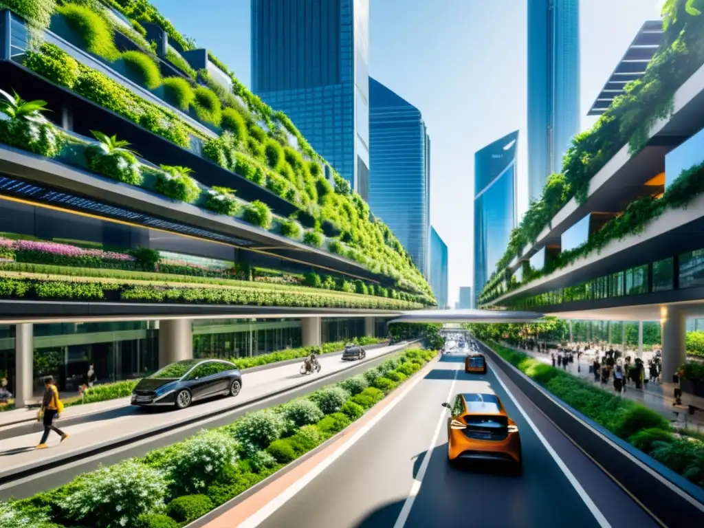 Vibrante integración de naturaleza en ciudades: arquitectura futurista, vegetación y tecnología sostenible se entrelazan en la urbe del mañana