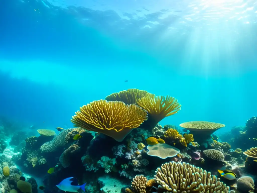 Vibrante formación de islas de coral: arrecife con diversidad de corales y peces tropicales bajo el agua turquesa