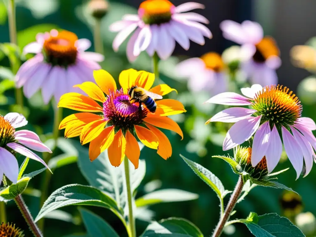 Un jardín vibrante y lleno de vida, con flores para polinizadores donde abejas y mariposas revolotean