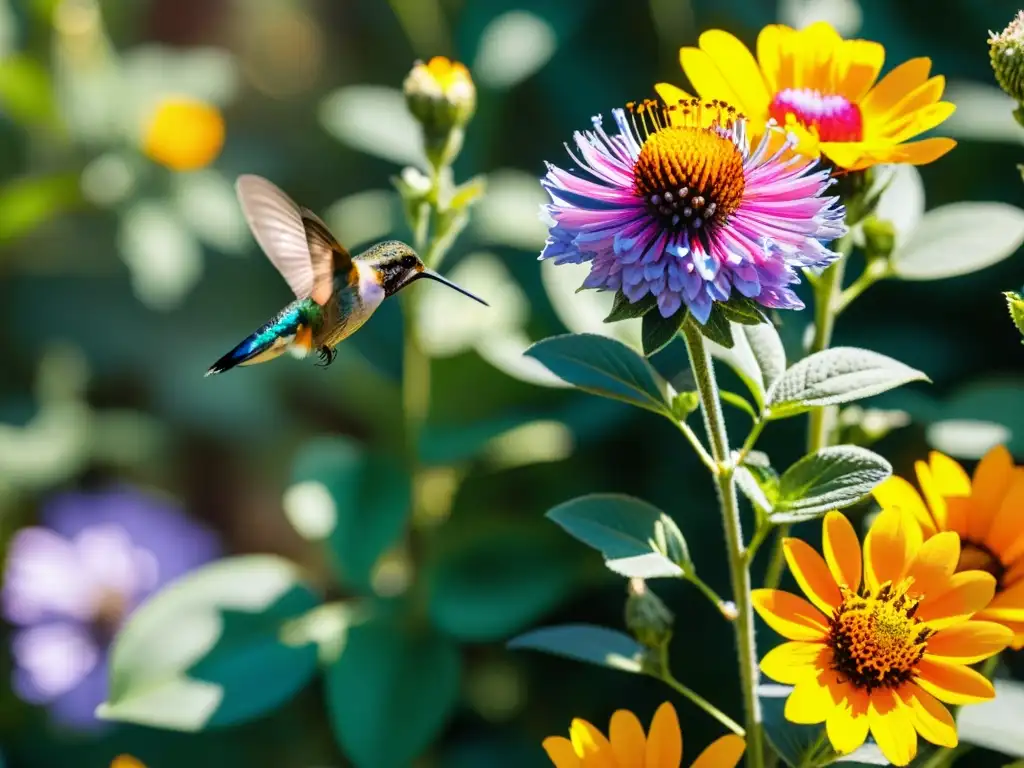 Un jardín vibrante lleno de vida, con mariposas, abejas y colibríes