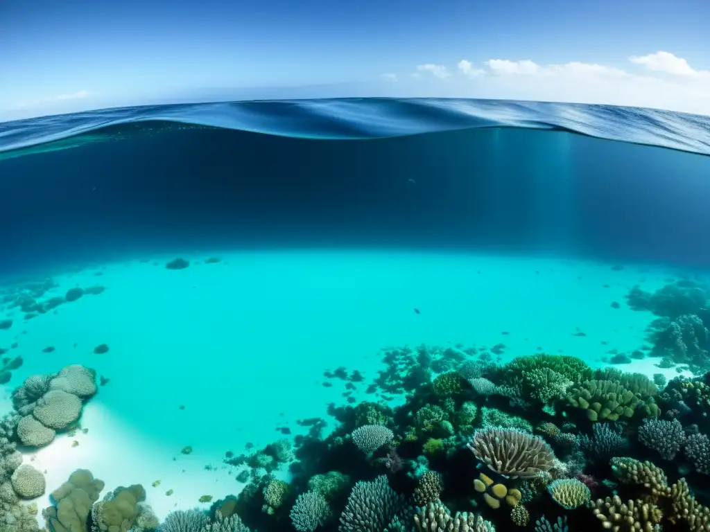 Vibrante vida marina y coloridos arrecifes contrastan con zonas muertas, mostrando las consecuencias en el clima y la biodiversidad marina