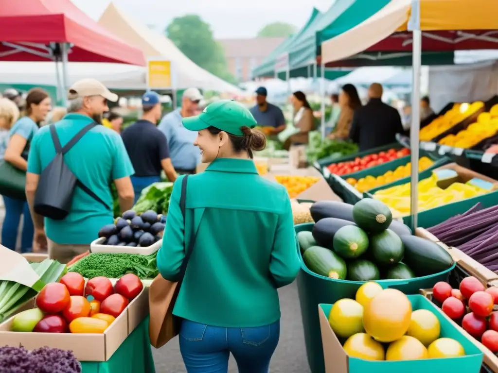 Vibrante mercado de agricultores con envases reutilizables biodegradables, promoviendo alimentos sostenibles y comunidad consciente