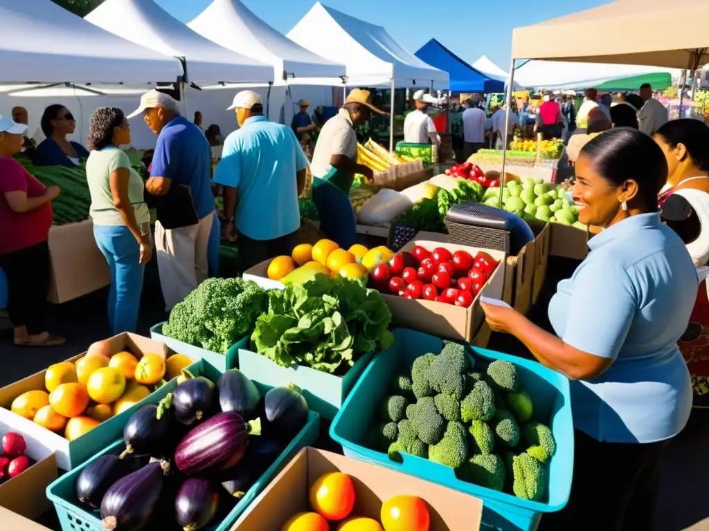 Vibrante mercado de agricultores con frutas y verduras locales