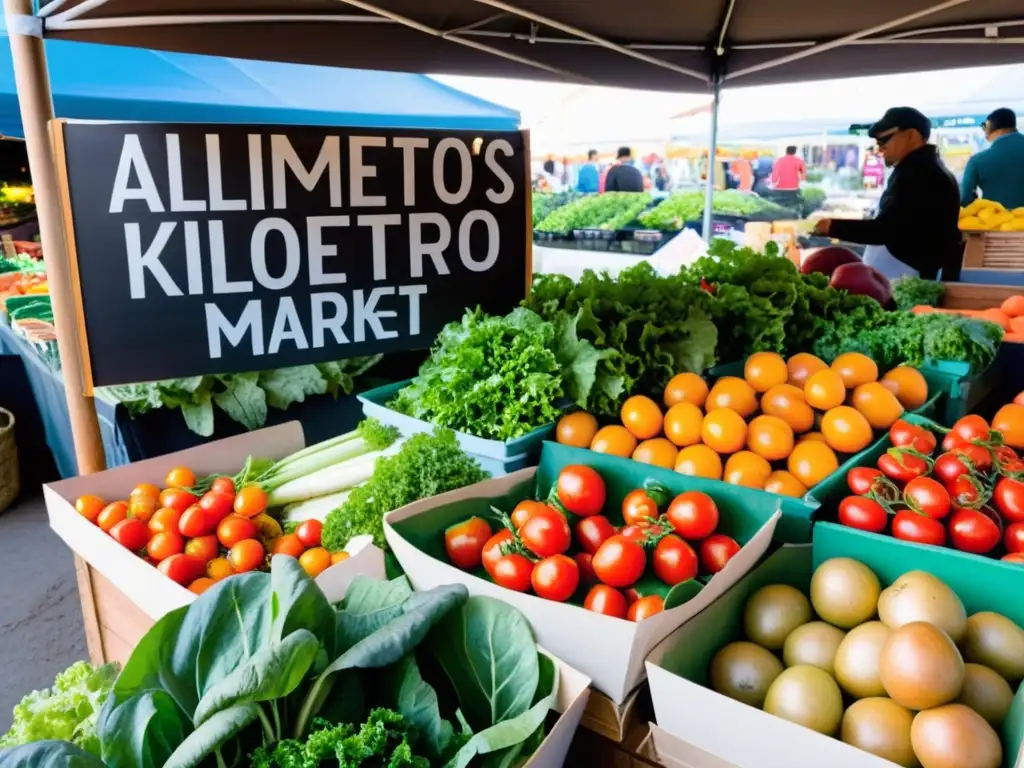 Vibrante mercado de agricultores con productos frescos y coloridos promoviendo los beneficios de alimentos kilómetro cero