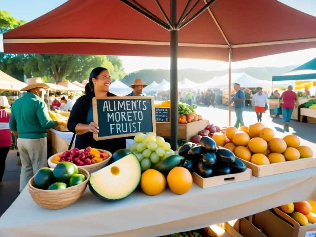 Vibrante mercado de alimentos locales con frutas, verduras frescas y quesos artesanales