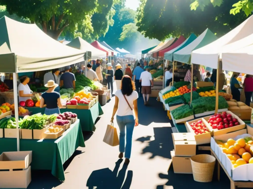 Vibrante mercado campesino con productos frescos, artesanías locales y diversidad de personas apoyando la agricultura kilómetro cero