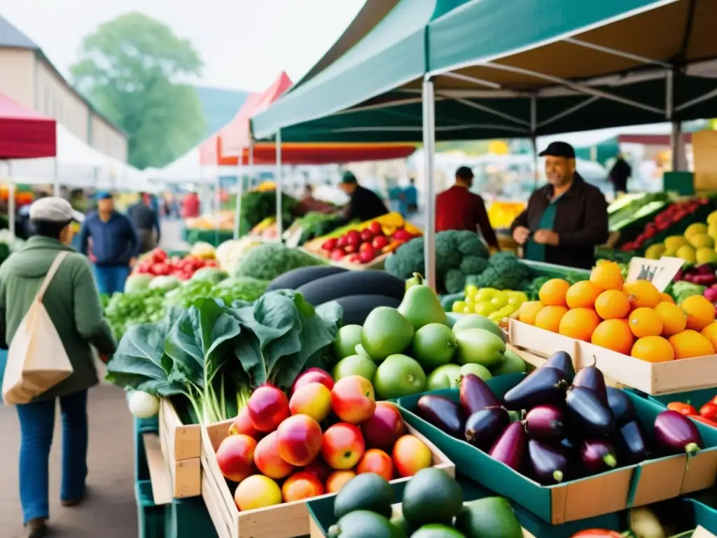 Vibrante mercado ecológico, productos frescos y coloridos, comunidad sostenible comprando localmente