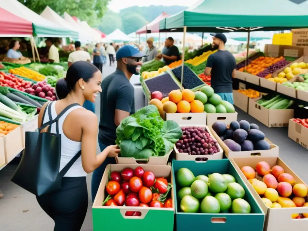 Mercado vegano orgánico: comunidad y sostenibilidad Vibrante mercado orgánico vegano con diversidad de personas, productos frescos y estilo de vida sostenible vegano