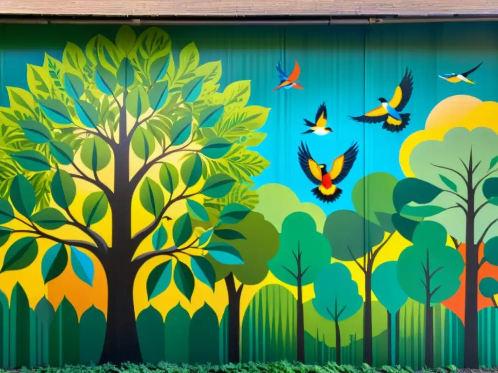 Vibrante mural de naturaleza y diversidad humana en proyectos artísticos protección medio ambiente