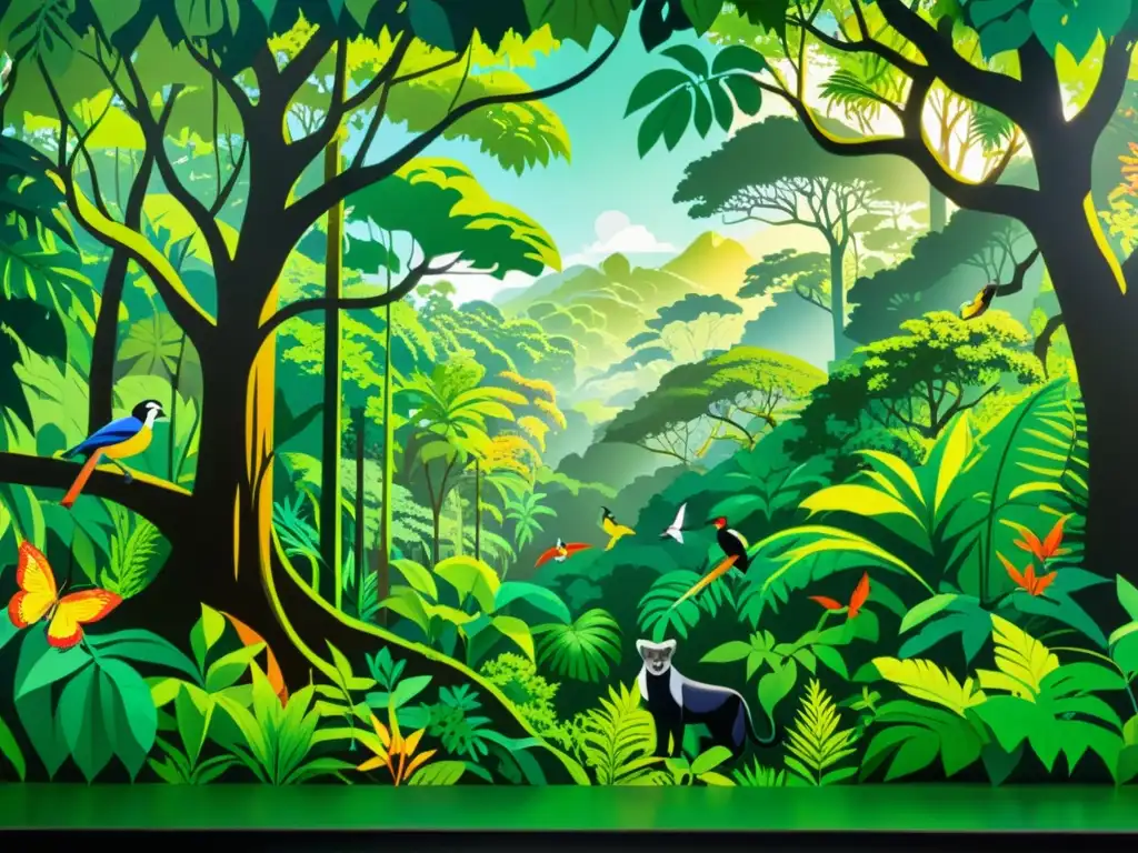 Vibrante mural de selva tropical con diversa flora y fauna