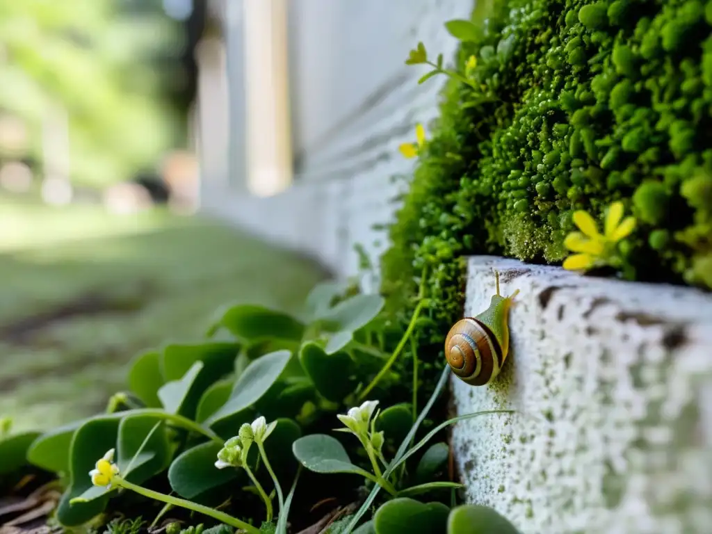 Vibrante muro de ladrillos cubierto de musgo verde, con brotes de plantas y un caracol, representa la conservación de especies en ecosistemas urbanos