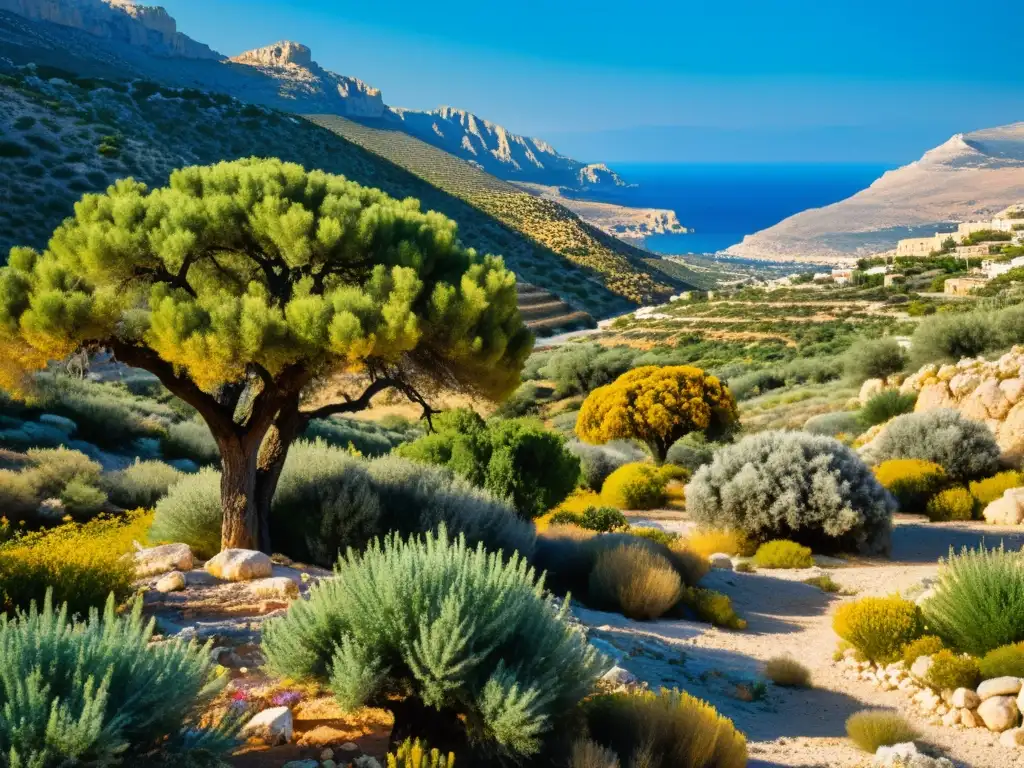 Vibrante paisaje mediterráneo con diversa flora y fauna adaptada a la topografía y suelos en ecosistemas mediterráneos