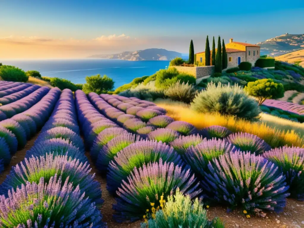 Vibrante paisaje mediterráneo con plantas aromáticas, colinas y mar azul al fondo